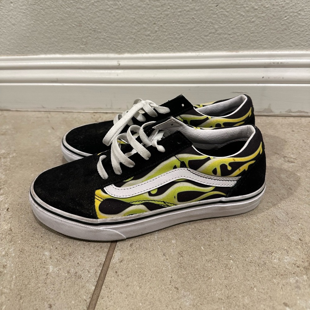Vans Youth Black and Green Flame Sneakers